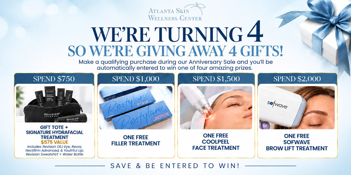 Anniversary giveaway: spend $750 for a chance to win a gift tote and Signature HydraFacial; $1,000 for a filler treatment; $1,500 for a CoolPeel face treatment; or $2,000 for a Sofwave brow lift treatment.