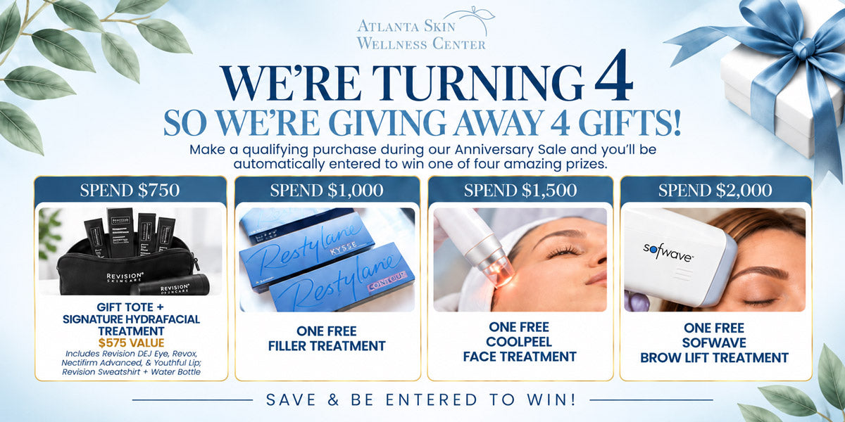 Anniversary giveaway: spend $750 for a chance to win a gift tote and Signature HydraFacial; $1,000 for a filler treatment; $1,500 for a CoolPeel face treatment; or $2,000 for a Sofwave brow lift treatment.