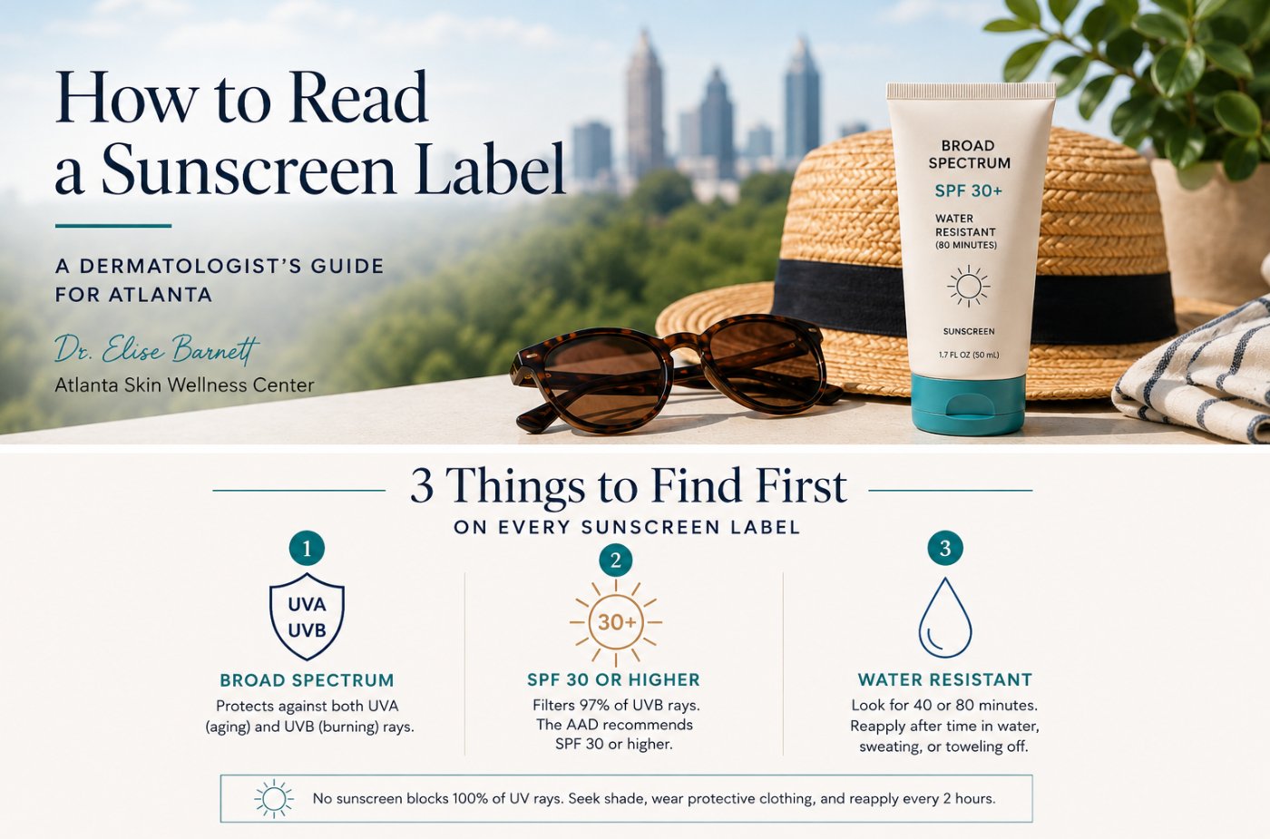 Sunscreen label guide infographic from Dr. Elise Barnett at Atlanta Skin Wellness Center showing 3 things to find first on every sunscreen label: broad spectrum UVA/UVB, SPF 30 or higher, and water resistant