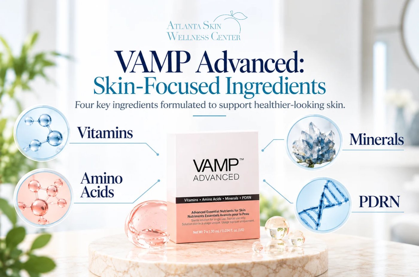 VAMP Advanced skin-focused ingredients including PDRN, vitamins, amino acids, and minerals available at Atlanta Skin Wellness Center