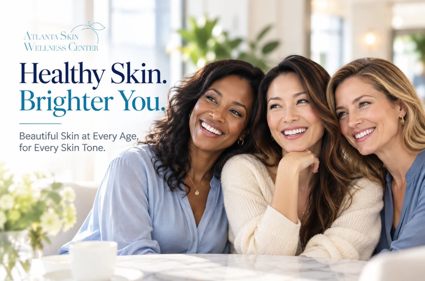 Three women with different skin tones smiling together, illustrating healthy-looking skin at every age